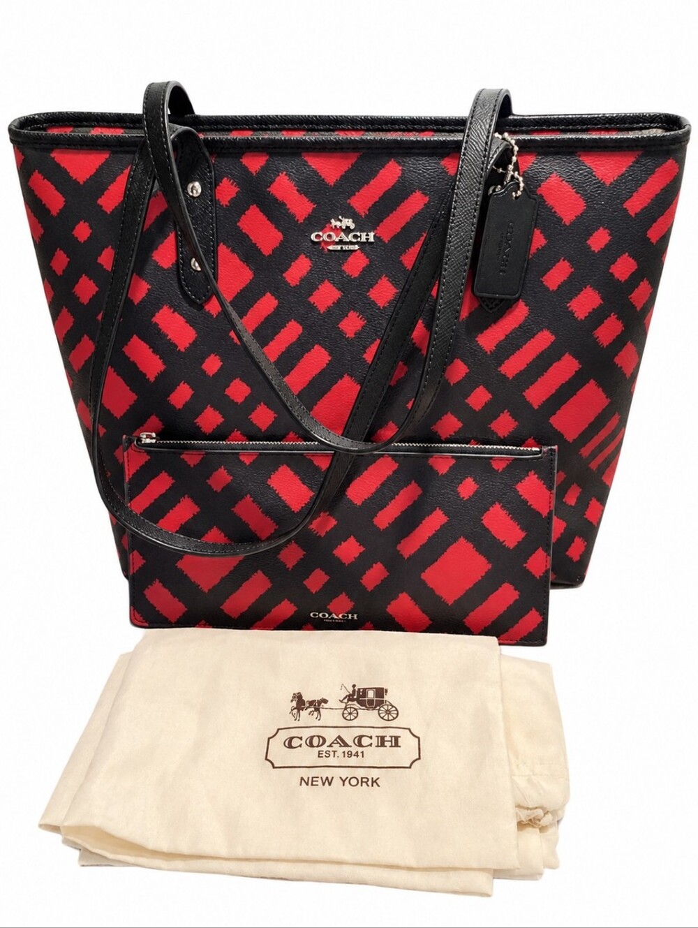 Coach Black & Whitw Graphic Print Tote w/ Matching Zip Pouch NWOT
